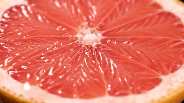 Close-up of a halved, vibrant pink grapefruit, showcasing juicy segments and water droplets