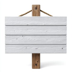 Rustic weathered white wooden sign with rope hanging from a wooden post on a white background