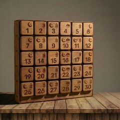 Wooden Ramadan Countdown Calendar with 30 Drawers and Islamic Symbols for Fasting Month
