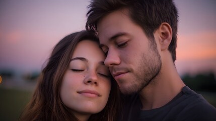 Fototapeta premium A young couple shares a tender intimate embrace with eyes closed during a serene twilight