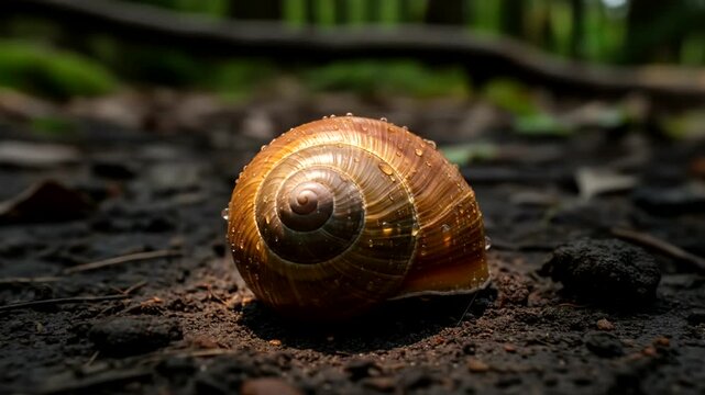 Empty Snail Shell Resting on Forest Floor in Sunlight.