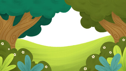 Serene landscape illustration with trees, flowers, and rolling hills from a distant viewpoint