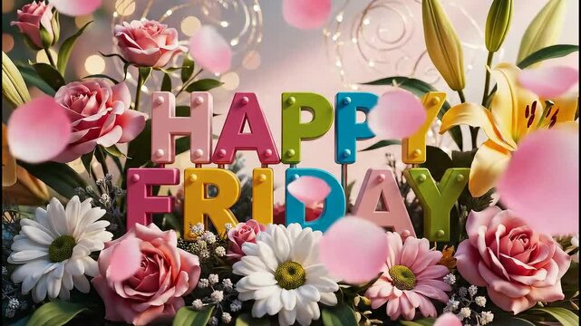 Words &lsquo;HAPPY FRIDAY&rsquo; in cheerful colorful style surrounded by fresh flowers, soft leaves, light petals, and gentle decorative elements