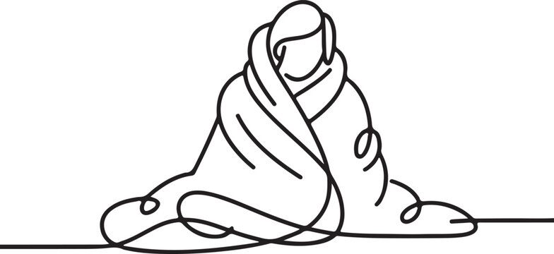 An old woman wrapped in a blanket single line drawing vector illustration
