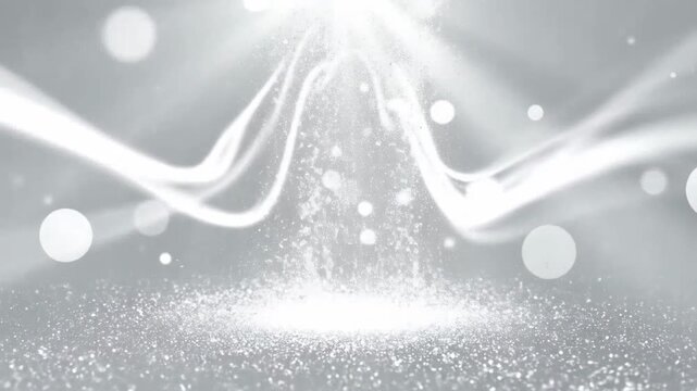 Elegant silver background with flowing lines, bokeh lights, and shimmering glitter, creating a festive atmosphere.