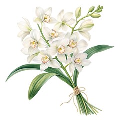 Watercolor White Orchid Bouquet Illustration with Twine