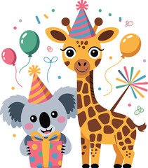Fototapeta premium Vibrant Cartoon Giraffe and Koala Celebrating Birthday Party Vector Graphic Illustration with Colorful Balloons