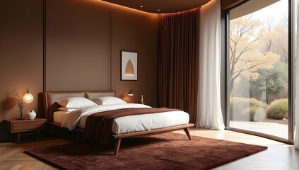 A modern bedroom interior in a decent  color scheme with lawn view, trending architecture