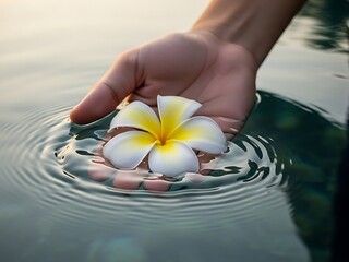 Gentle hand releasing white frangipani flower into calm water