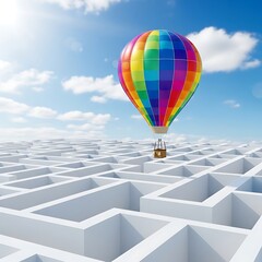 Vibrant hot air balloon soars above complex maze