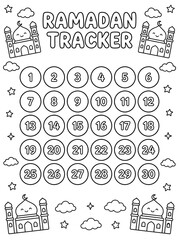 Printable Ramadan Tracker Coloring Page for Kids with 30 Days Fasting Grid and Cute Mosques