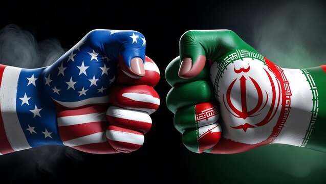 Usa and iran fists with flags on black background