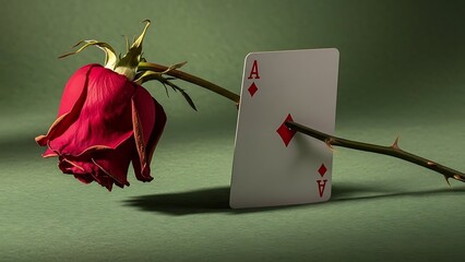 Wilted red rose and playing card on green surface