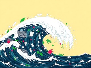 Polluted ocean wave with plastic waste and marine life