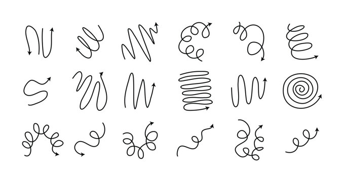 Spiral arrows Doodle set, hand drawn spring arrow coil icons flexible lines. Editable stroke