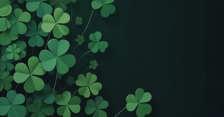 A dark green background with many shamrocks arranged on the left side