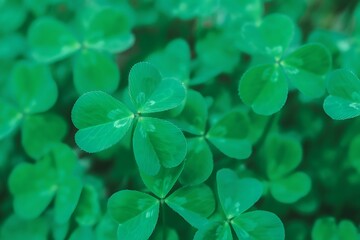 Close-up view of a lush green clover field with multiple leaves
