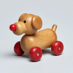 Charming wooden toy dog with red wheels and nose on a light blue background