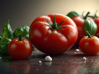 Fresh ripe tomatoes arranged as cooking ingredients on a dark background. Food background suitable for culinary, recipe, and kitchen concepts.