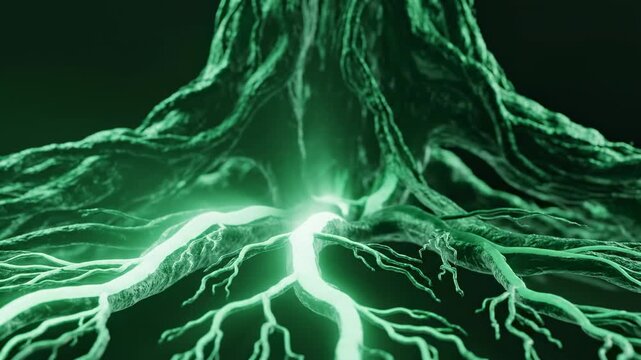 Cinematic abstract visual of emerald green organic veins pulsating and breathing, creating a rhythmic and mesmerizing light effect breathing, mesmerizing, dark