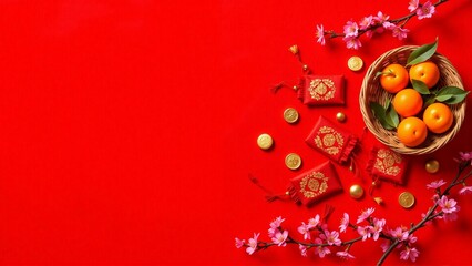 Flat lay of traditional chinese mandarin oranges, cherry blossom, gold coins, copy space - Chinese New Year decoration, Lunar, spring festival, luck, prosperity, mockup, template, greeting, display