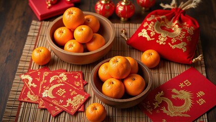 Fresh mandarin oranges in wooden bowls on rustic table, red envelopes, hanging lanterns, cherry blossom - Chinese New Year celebration, Lunar, spring, luck, prosperity, fortune, wealth blessing