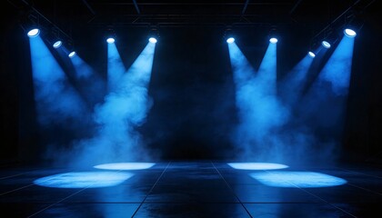 Dramatic blue stage lights shining down on foggy performance space
