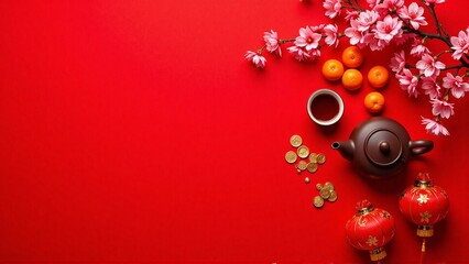 Flat lay of traditional chinese tea set, mandarin oranges, cherry blossom, copy space - Chinese New Year decoration, Lunar, spring festival, luck, prosperity, mockup, template, greeting, display