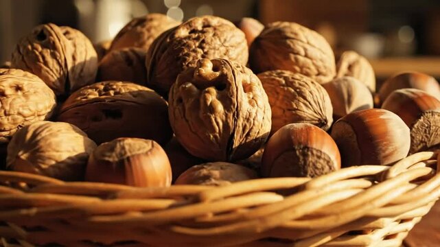 Close up shot of a wicker basket filled with walnuts and hazelnuts on a rustic wooden table