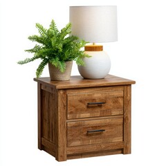 Rustic wooden nightstand with two drawers and decorative lamp and plant