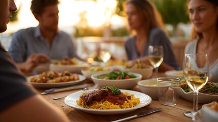 People gathered for an outdoor dinner at sunset sharing delicious food and wine