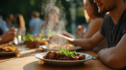 Naklejka premium A group of people enjoying a steaming delicious meal at an outdoor table on a sunny afternoon