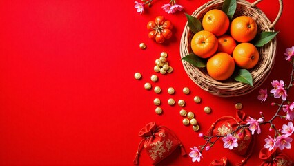 Flat lay of traditional chinese mandarin oranges, cherry blossom, gold coins, copy space - Chinese New Year decoration, Lunar, spring festival, luck, prosperity, mockup, template, greeting, display