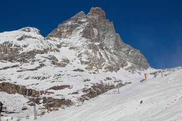 The Italian Alps in winter. Blue Lake, Aosta Valley, Italy. The Matterhorn.