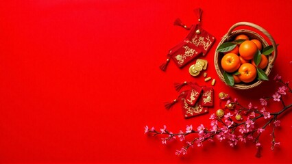 Flat lay of traditional chinese mandarin oranges, cherry blossom, gold coins, copy space - Chinese New Year decoration, Lunar, spring festival, luck, prosperity, mockup, template, greeting, display