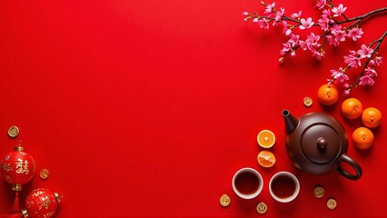 Flat lay of traditional chinese tea set, mandarin oranges, cherry blossom, copy space - Chinese New Year decoration, Lunar, spring festival, luck, prosperity, mockup, template, greeting, display