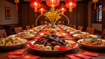 Banquet table, traditional chinese feasts, dumplings, stir-fry dishes, hanging red lanterns - Chinese New Year dinner, Lunar celebration, spring festival, reunion, family gathering, asian food