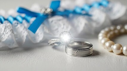 Elegant wedding jewelry, including rings and a lace garter, arranged on a white surface.