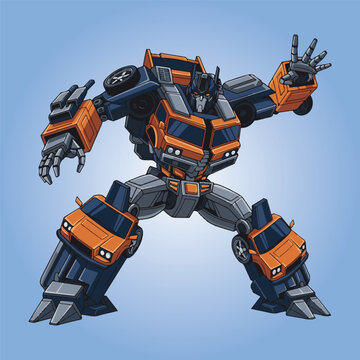 transformer robot with smiling face, extendable arms, and car mode hints, ideal for children's animations, toy packaging, and educational media.
