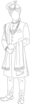 Outline illustration of a groom dressed in traditional sherwani attire complete with an elaborate turban and beaded necklace for a wedding ceremony