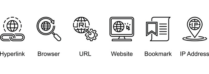 Surfing The Internet Navigation Tools banner web icon vector illustration of Hyperlink, Browser, Uniform Resource Locator (URL), Website, Bookmark, Internet Protocol (IP) Address