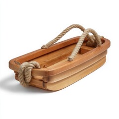 Rustic wooden boat shaped basket with thick rope handles on a white background