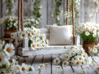 Rustic white swing decorated with daisies and pillows in a bright floral interior with sunlight
