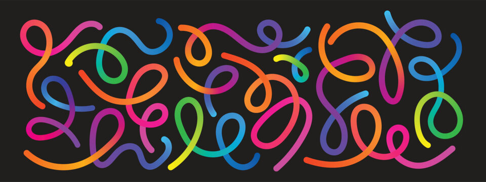 Abstract Gradient Color Lines. 3D Wave Shape Pattern. Vector Wavy Graphic Design Elements on Black Background. Organic Line Rainbow Color Ribbon.