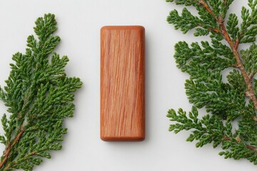 A single wooden block with textured bark sits between two green evergreen branches on a white background