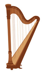 Wooden orchestral harp stands ready to create beautiful melodic musical.