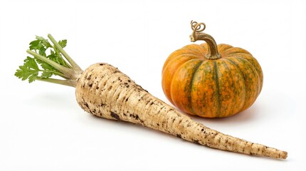 Freshly harvested parsnip and a decorative mini pumpkin showcasing vibrant autumn produce