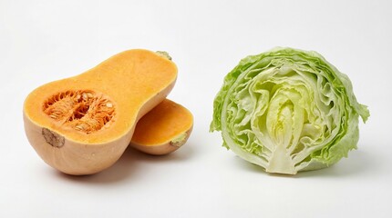 Butternut squash and iceberg lettuce halves showcased on a clean white background