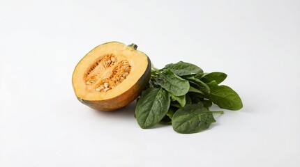 A vibrant display of wholesome winter squash and fresh green spinach leaves