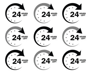 24 hours left vector set. 24 hour order execution, delivery service, customer service, fast sign concept. Twenty-four hours clock symbol collection. Vector illustration.